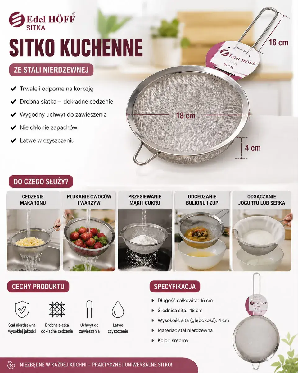 Sitko Kuchenne ze Stali Nierdzewnej 18 cm z Uchwytem do Zawieszania
