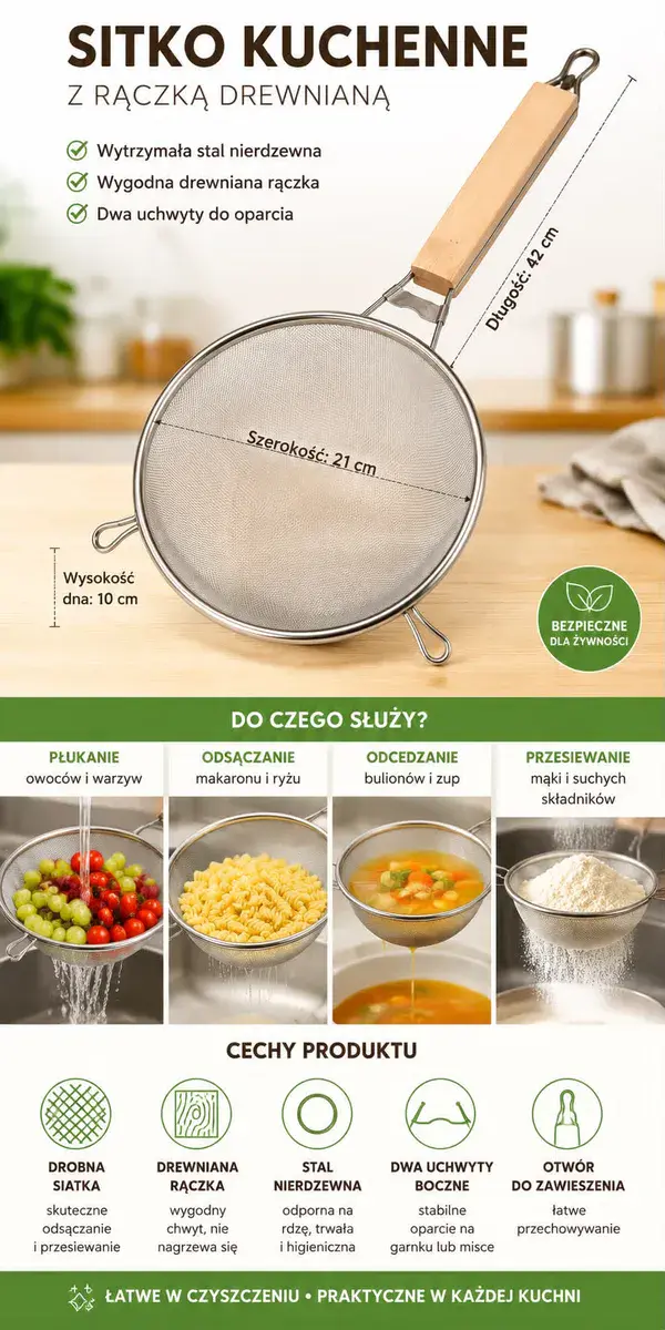 Sitko kuchenne ze stali nierdzewnej z drewnianą rączką 42 cm