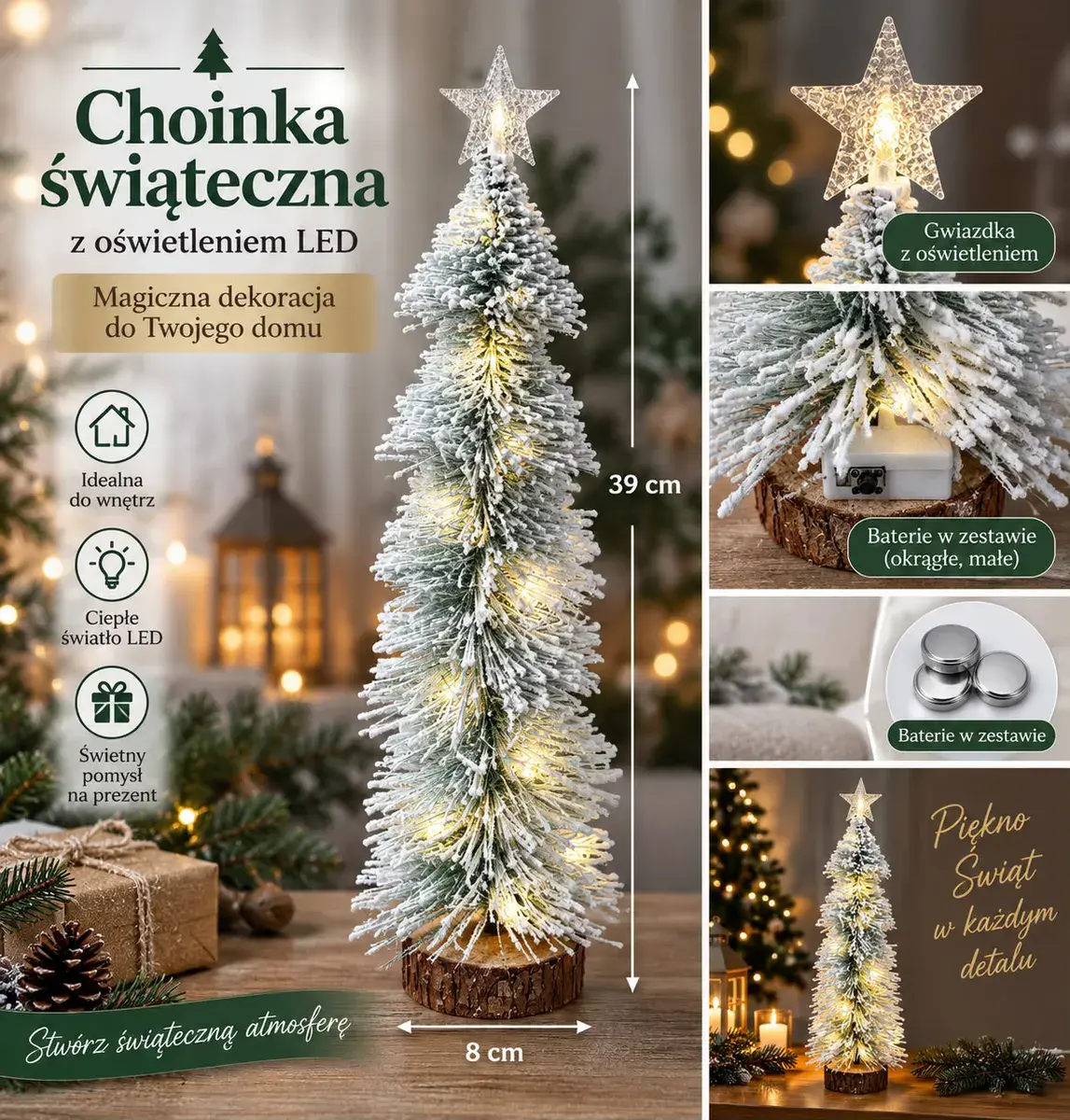 Choinka świąteczna ośnieżona LED 39 cm z gwiazdą i bateriami