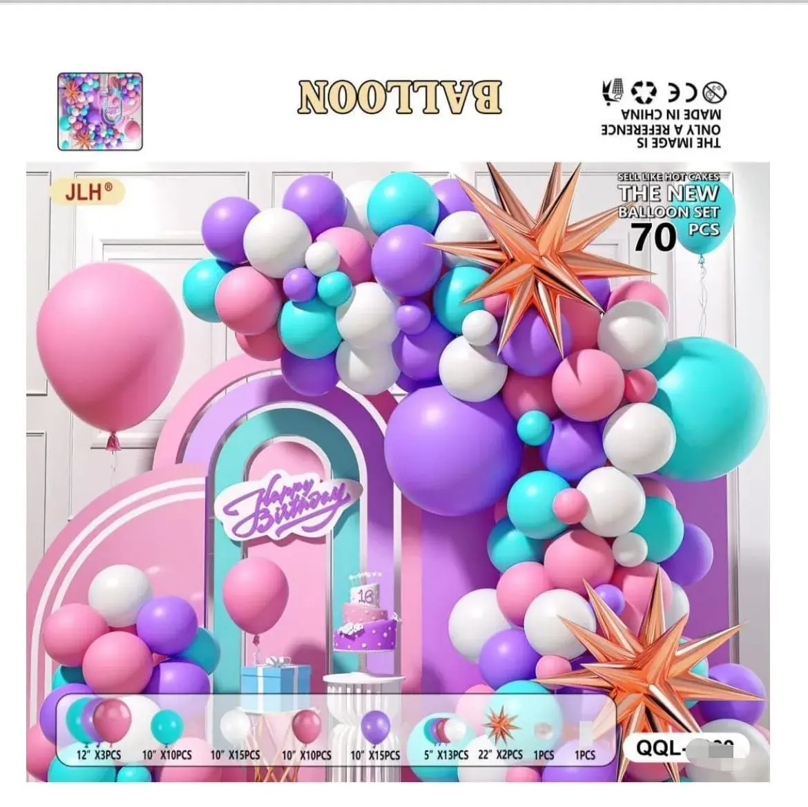 Balon dekoracyjny Happy Birthday 70 szt. zestaw
