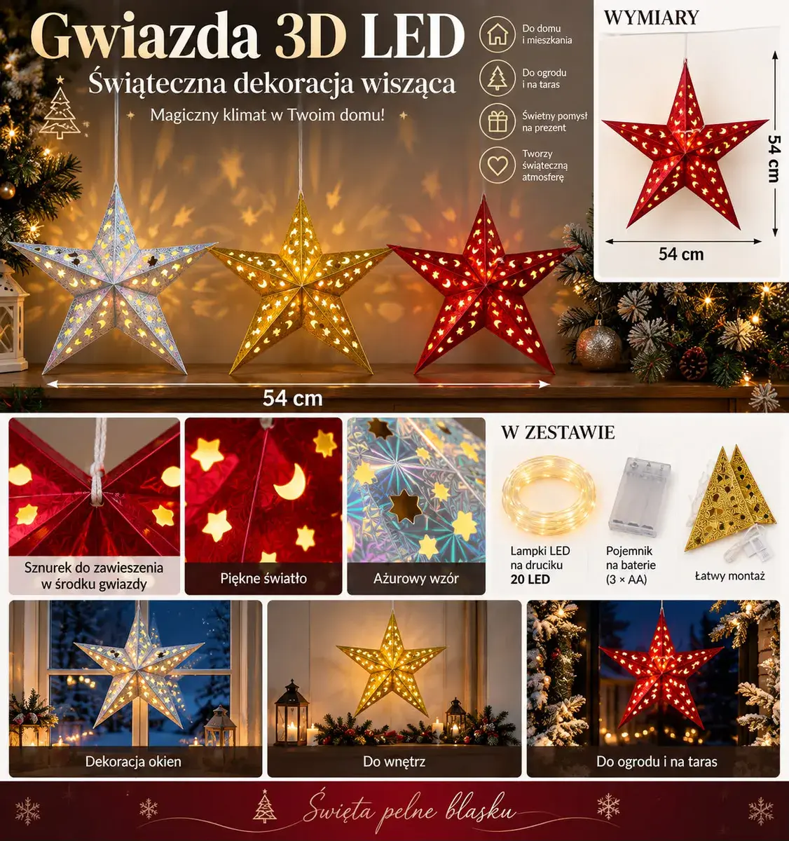 Gwiazda świąteczna 3D LED wisząca 54 cm z 20 LED mix kolorów