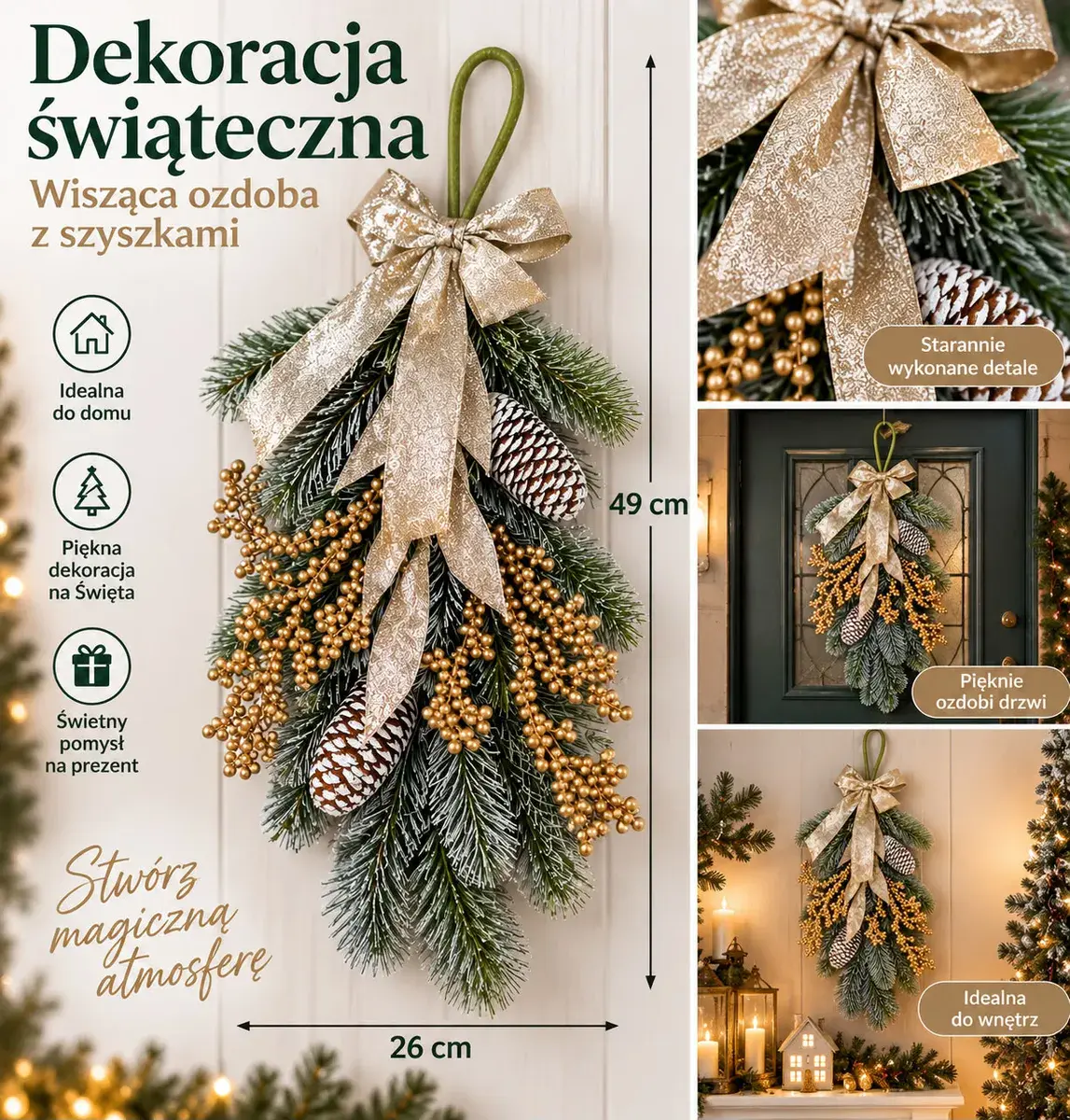 Świąteczna dekoracja wisząca z gałązkami i złotą kokardą 49x26 cm