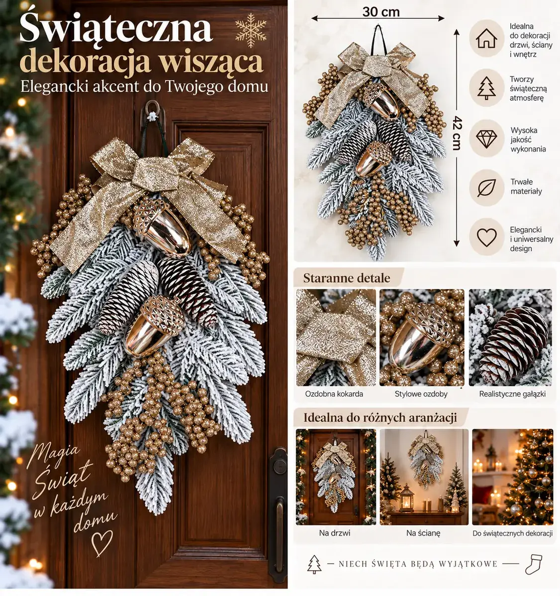 Świąteczna dekoracja wisząca z oszronionymi gałązkami i złotą kokardą 42x30 cm