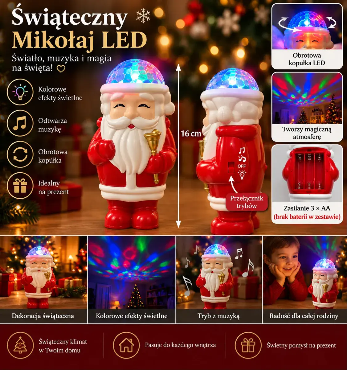 Świąteczny Mikołaj LED z obrotową lampką i muzyką 16 cm