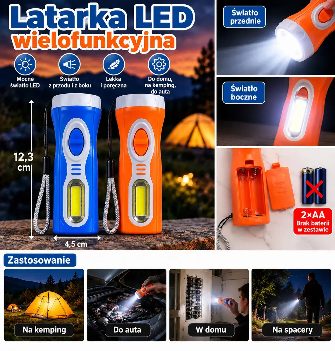 Latarka LED wielofunkcyjna z podwójnym światłem 12,3x4,5 cm