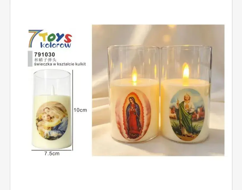 Świeczka w kształcie kulki z wizerunkiem religijnym 10x7,5 cm