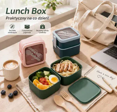 Lunchbox 2 piętra zielony i różowy kompaktowy pojemnik na jedzenie