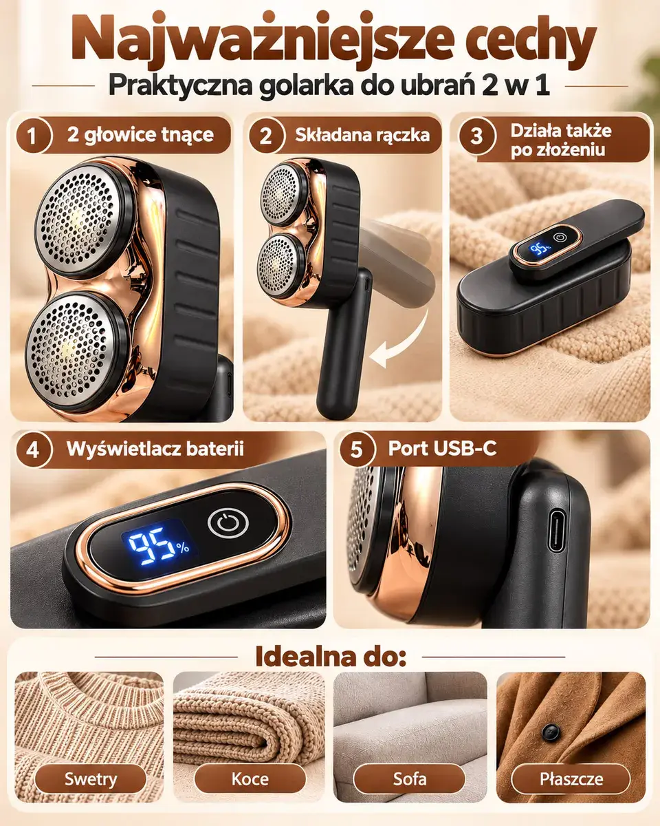 Golarka do ubrań 2-głowicowa składana z USB-C czarno-miedziana