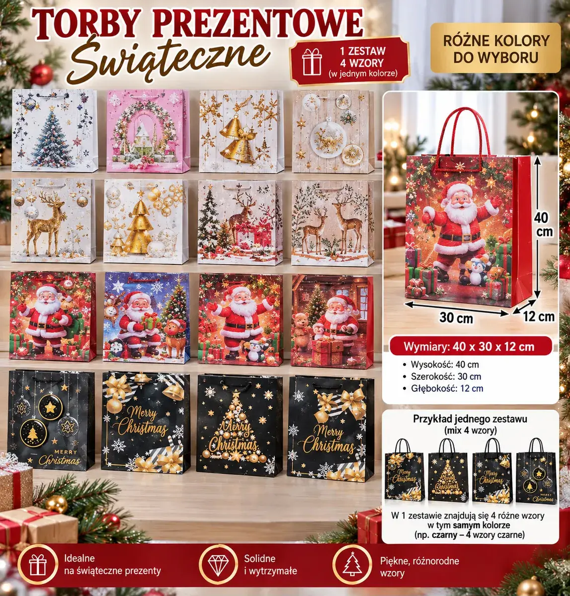 Torby prezentowe świąteczne mix 4 wzory 40x30x12 cm różne kolory