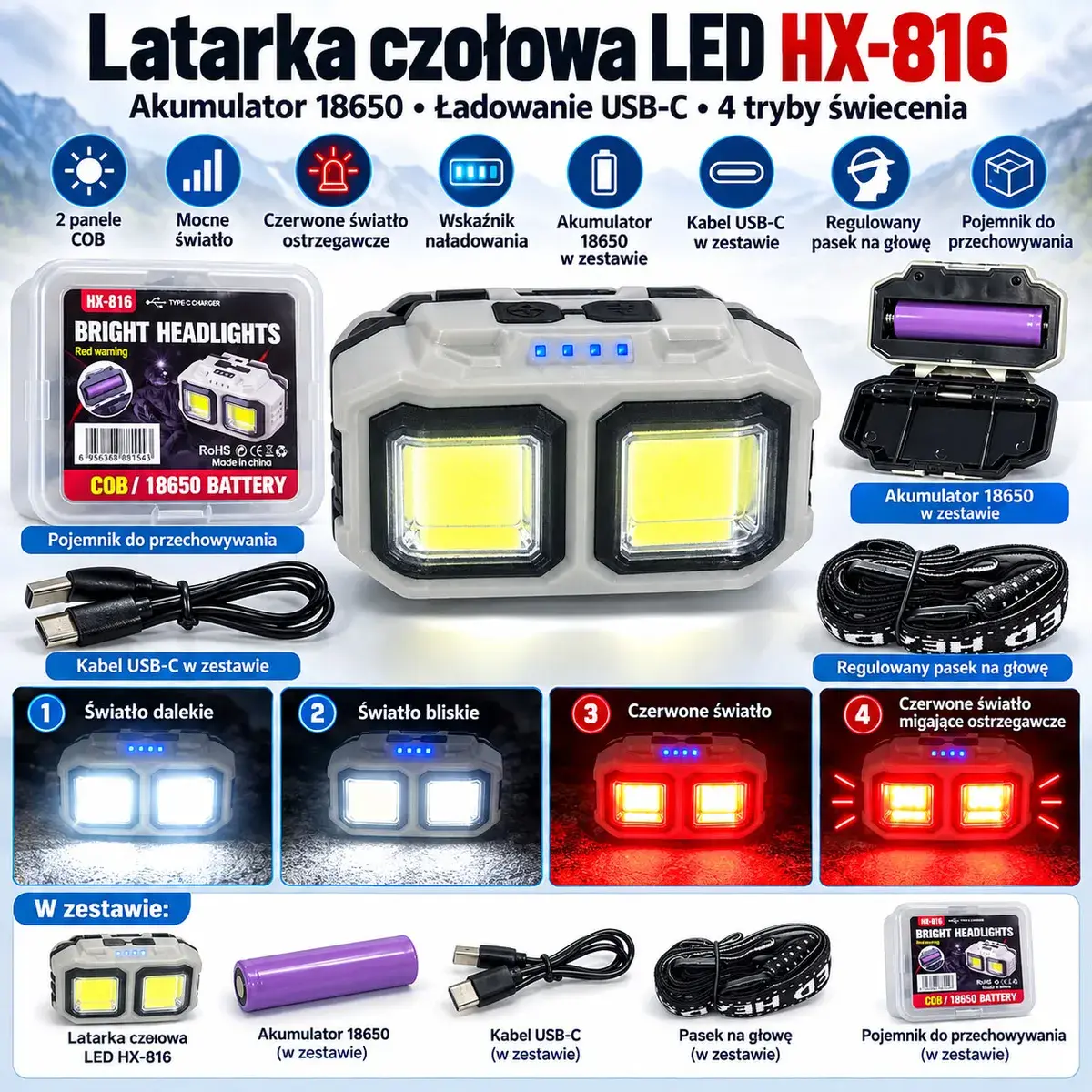 Latarka czołowa LED HX-816 z akumulatorem 18650 i czerwonym światłem ostrzegawczym