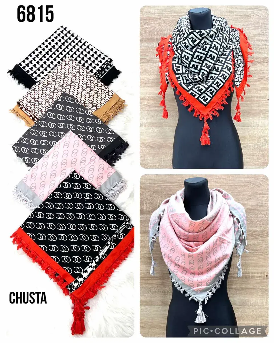 Chusta damska wzorzysta z frędzlami mix kolorów 68x68 cm – wzór 2