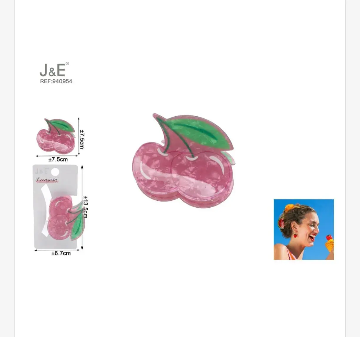 Klamra do włosów wisienki różowa 7,5cm J&E