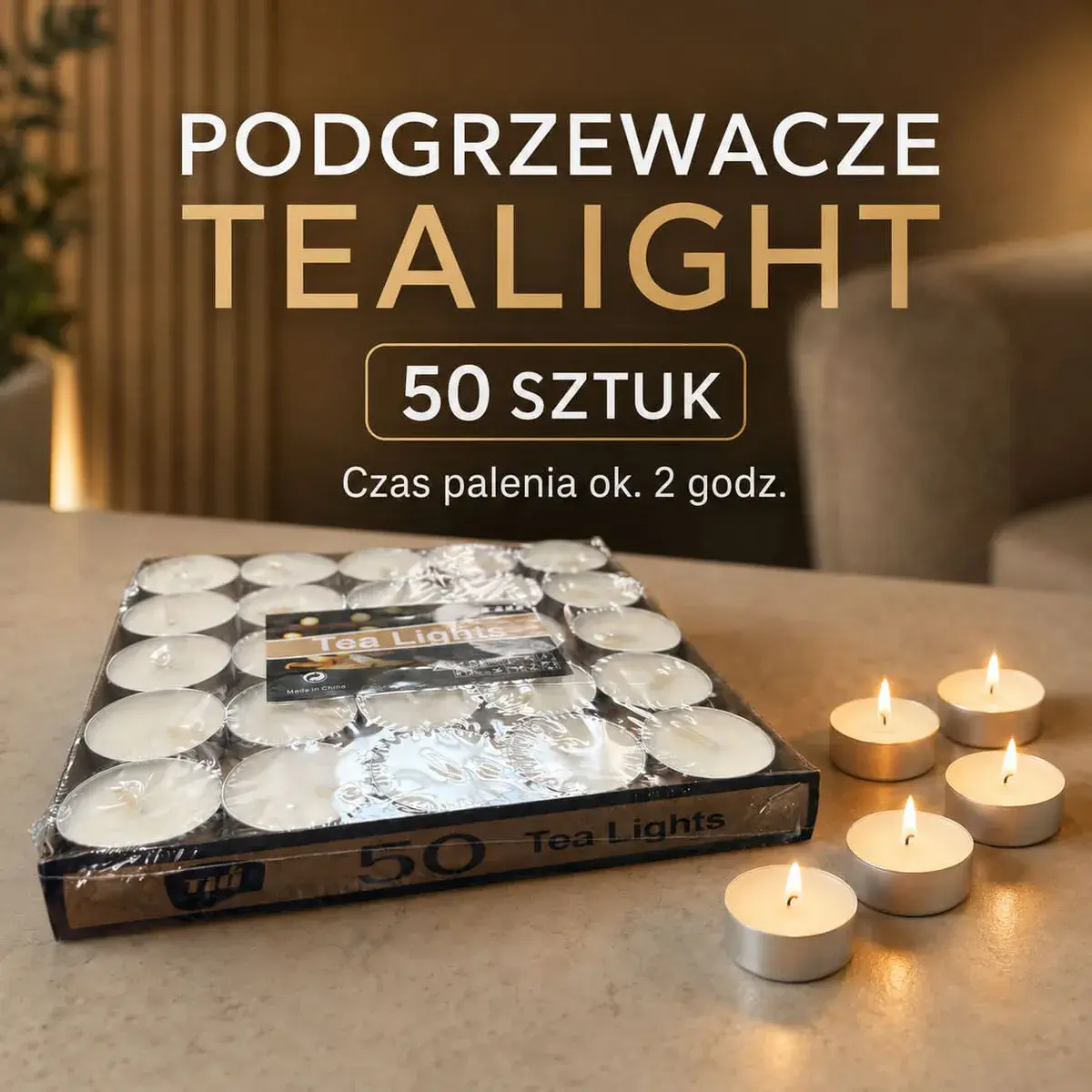 Podgrzewacze tealight 50 sztuk białe, czas palenia 2 godziny