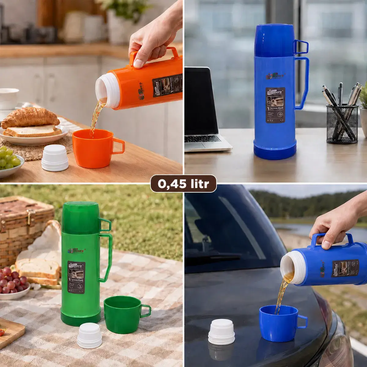 Termos ze szklanym wkładem i kubkiem 0,45 l w 3 kolorach
