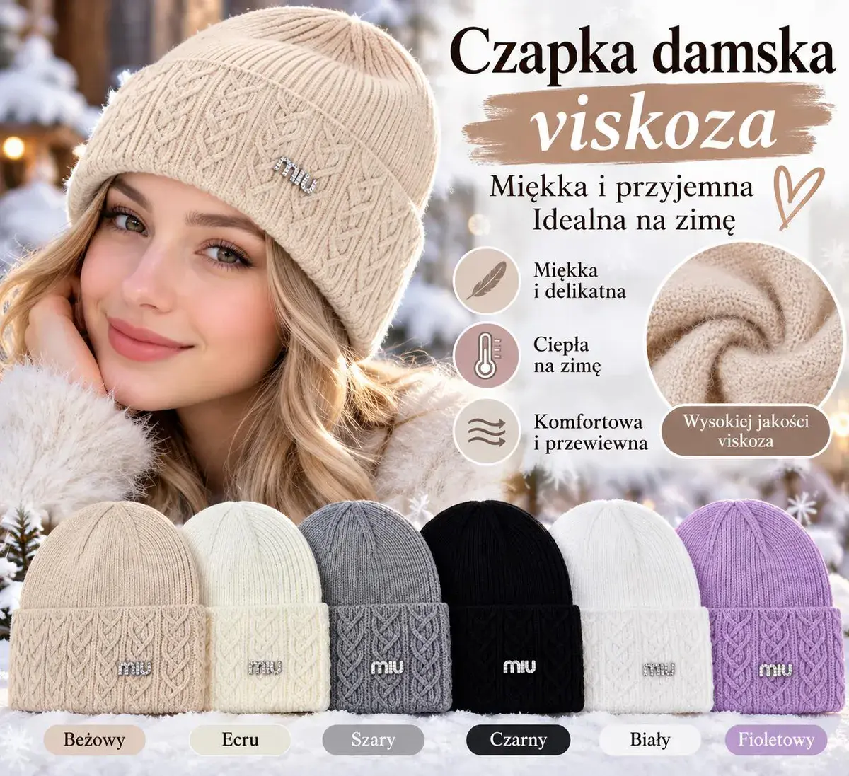 Czapka damska z wysokiej jakości wiskozy miękka i ciepła