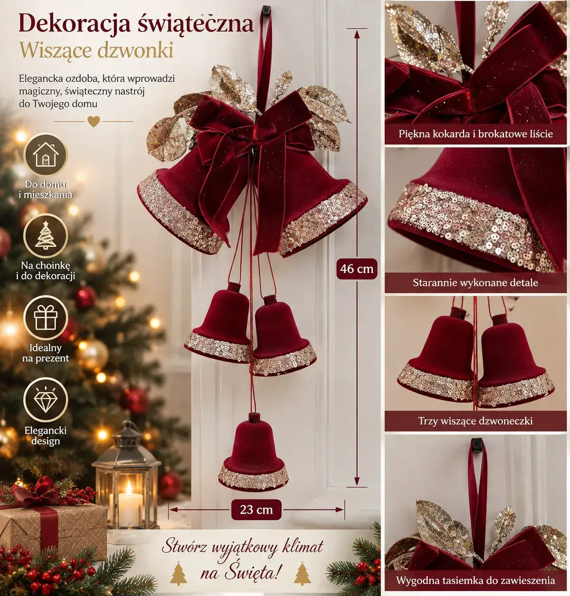 Dekoracja świąteczna welurowe bordowe dzwonki z cekinami 46x23 cm