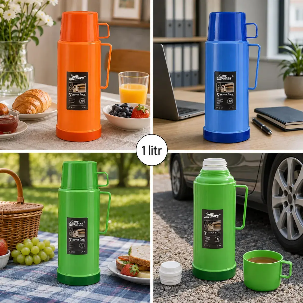 Termos ze szklanym wkładem i kubkiem 1 litr w 3 kolorach