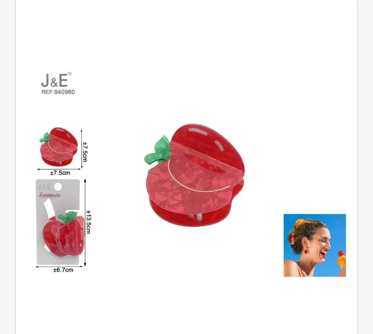 Klamra do Włosów Jabłko J&E 7,5cm Czerwona