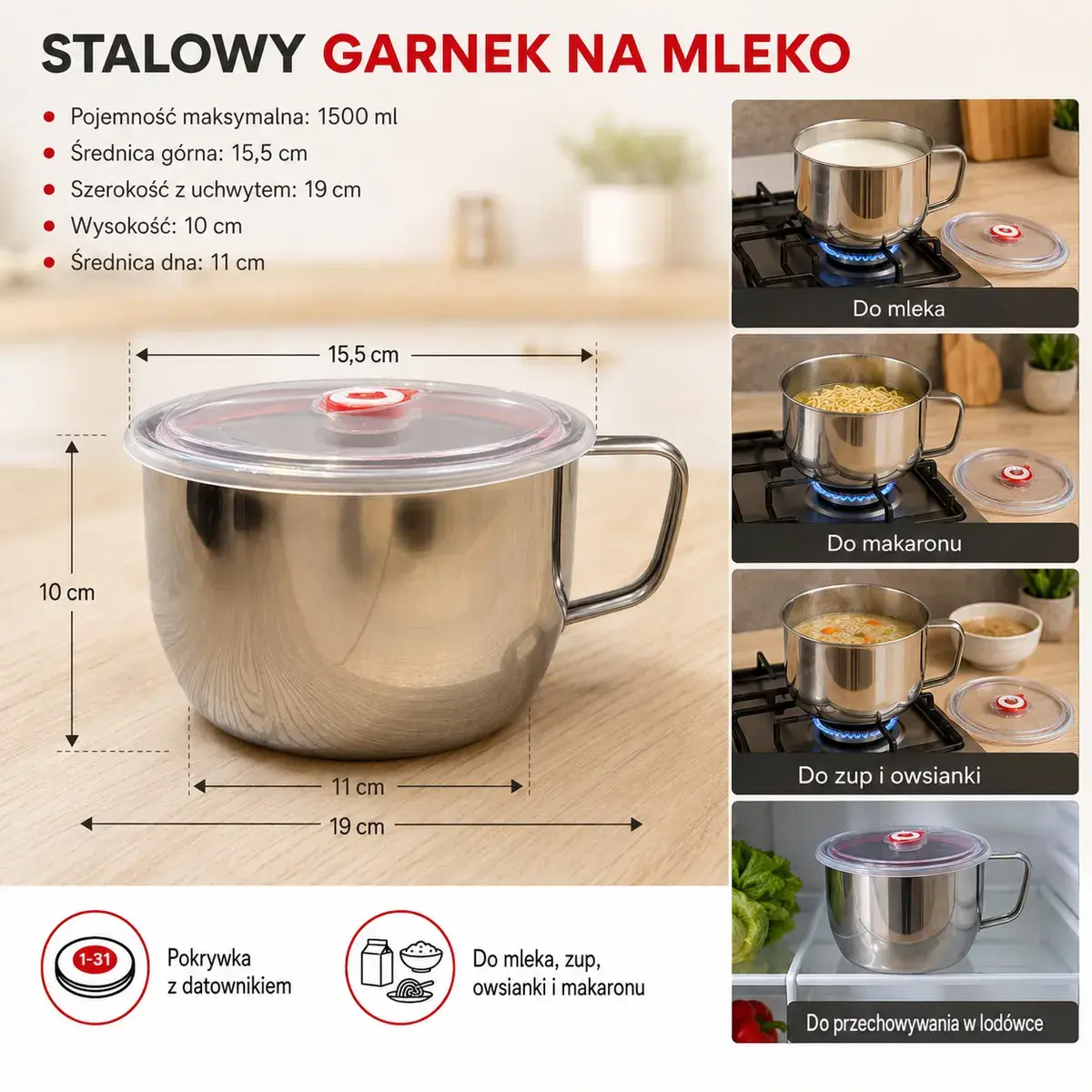 Stalowy garnek na mleko 1,5 L z pokrywką i datownikiem