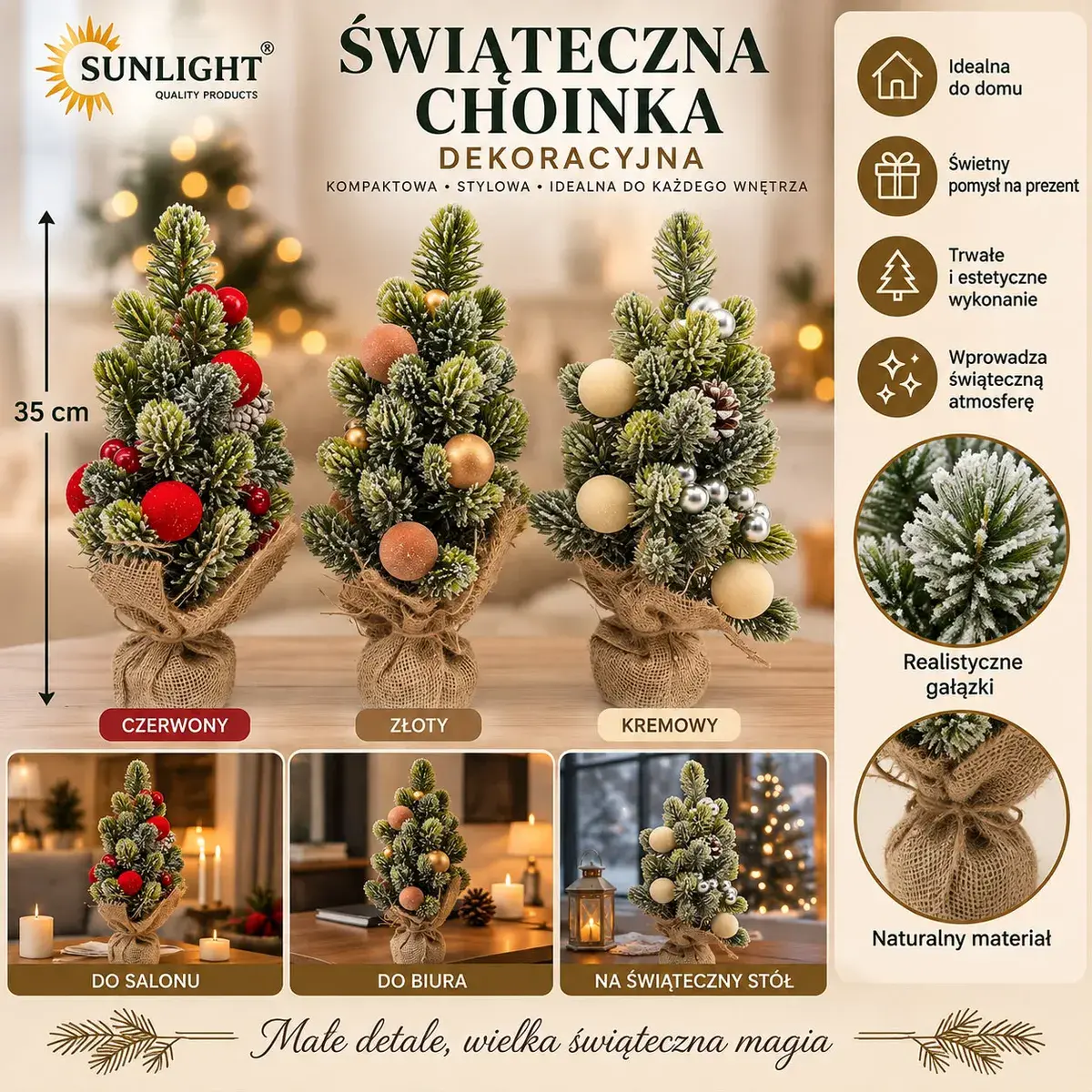 Świąteczna choinka dekoracyjna ośnieżona 35 cm w jutowej osłonce mix kolorów