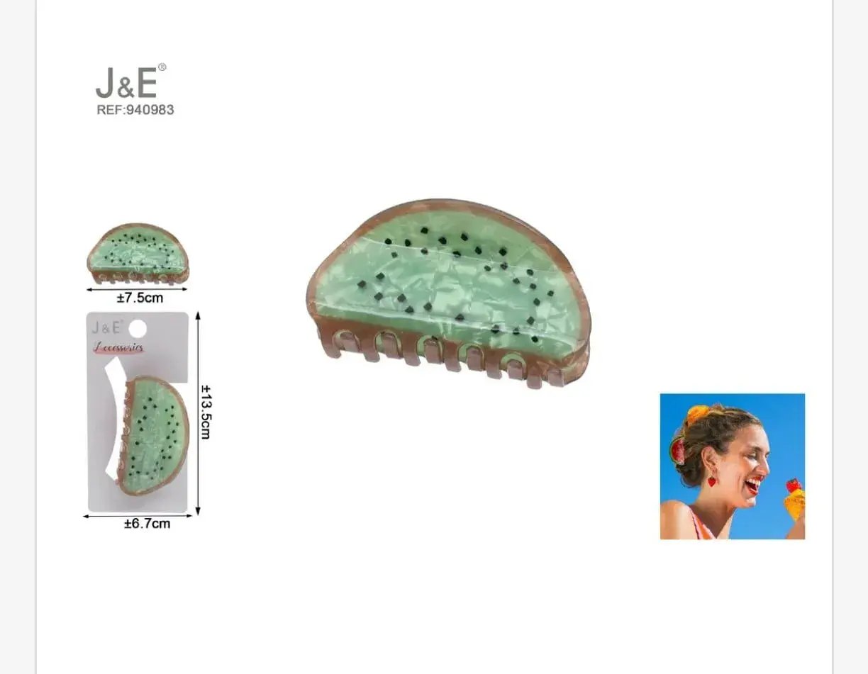 Klamra do włosów J&E 7,5cm wzór kiwi zielona 12 szt.