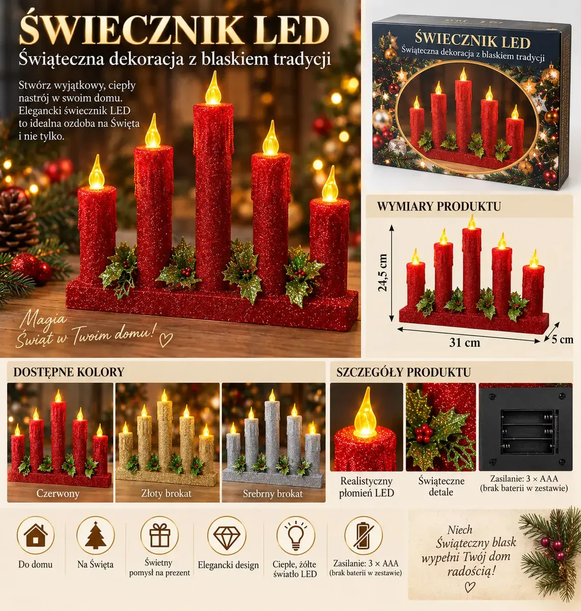 Świecznik LED świąteczny z brokatem i 5 świecami czerwony