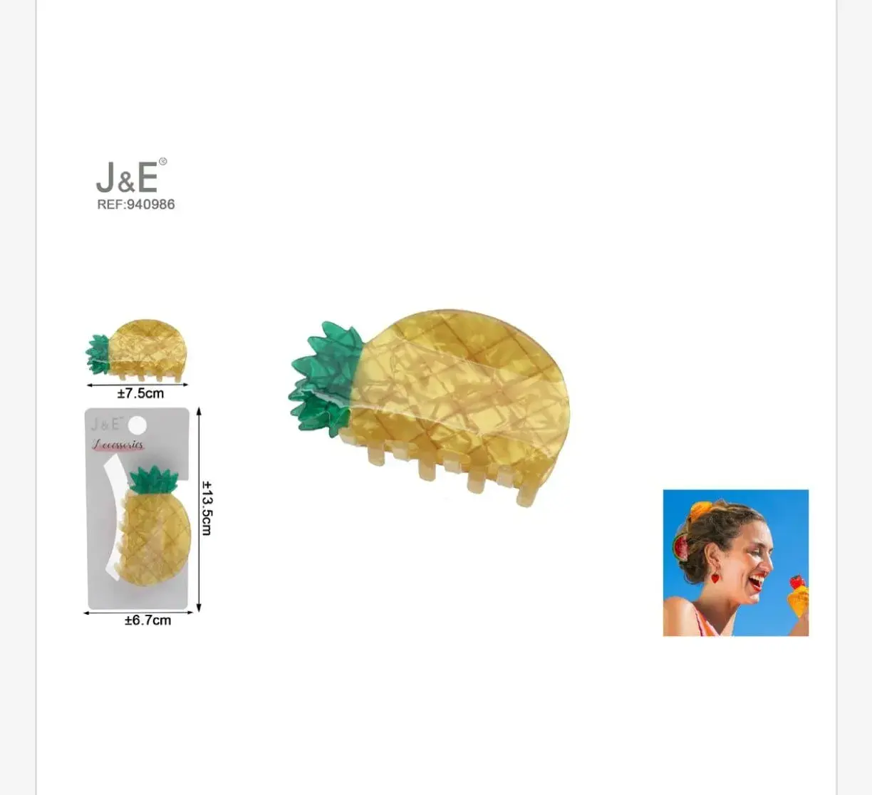 Klamra do włosów Ananas 7,5cm J&E żółto-zielona 12 szt.