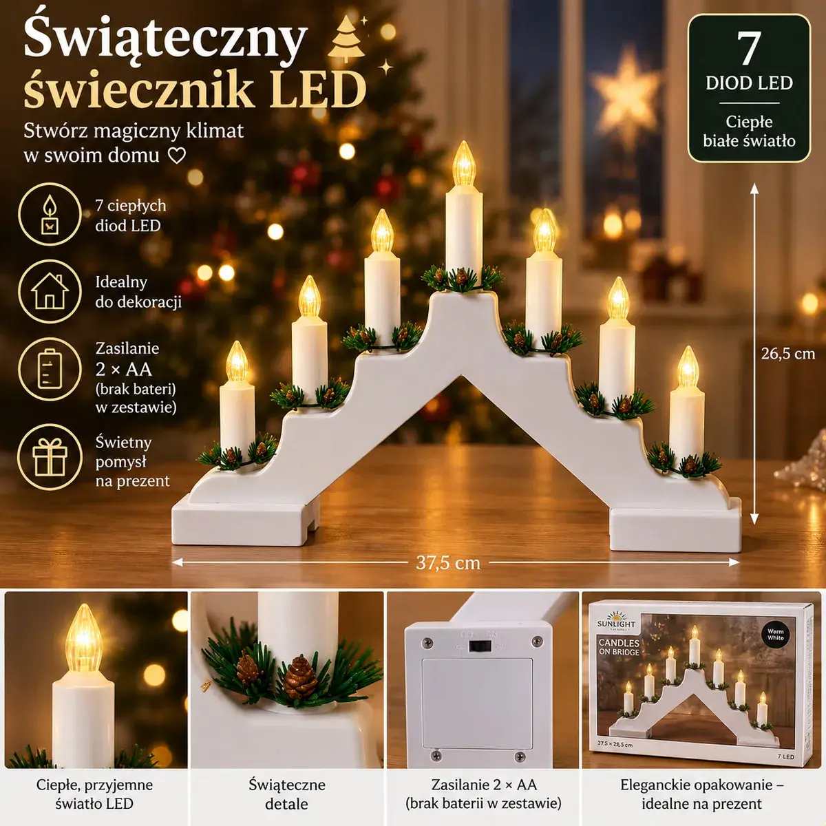 Świąteczny świecznik LED 7-ramienny biały 37,5x26,5 cm z ciepłym światłem
