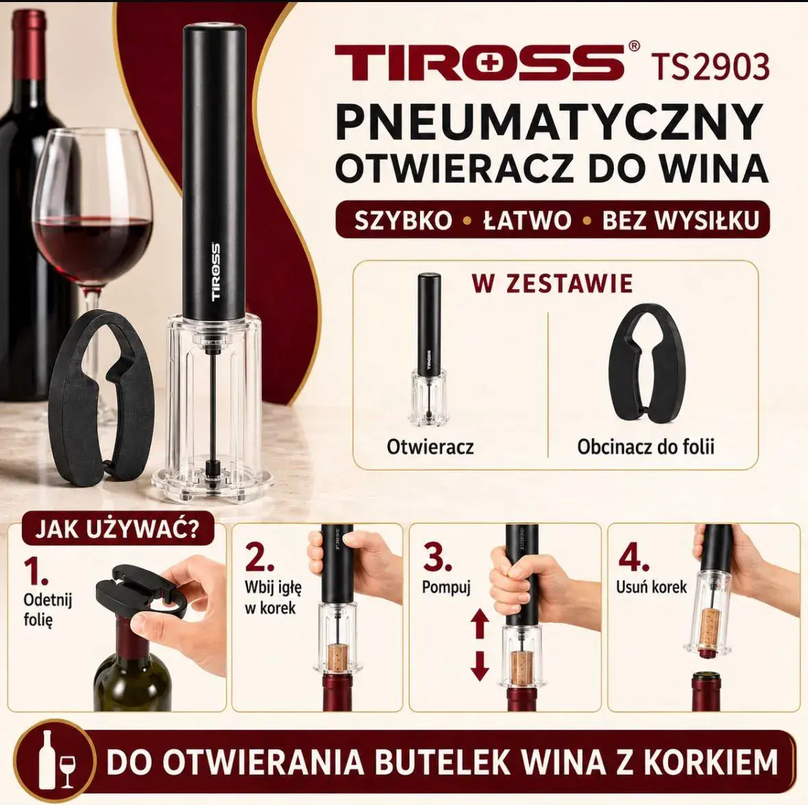 Tiross TS2903 Pneumatyczny otwieracz do wina z obcinaczem do folii czarny