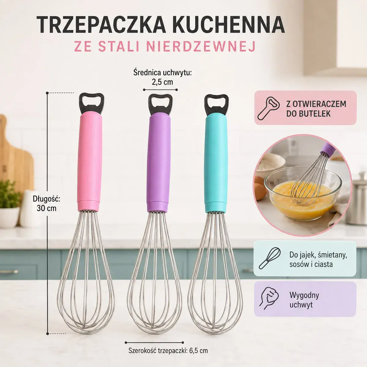 Trzepaczka kuchenna ze stali nierdzewnej 30 cm z otwieraczem mix kolorów