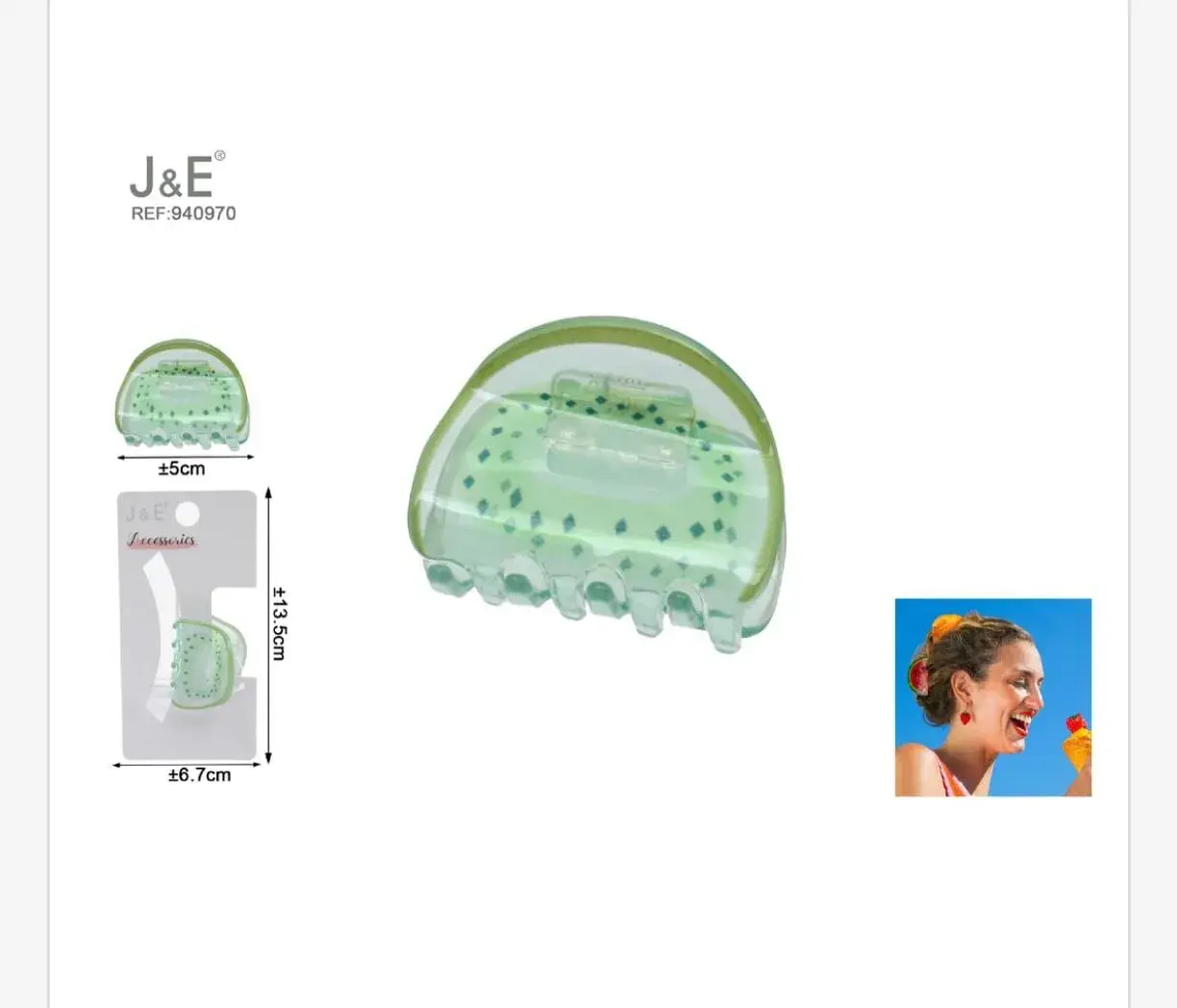 Klamra do włosów J&E Kiwi 5cm zielona transparentna