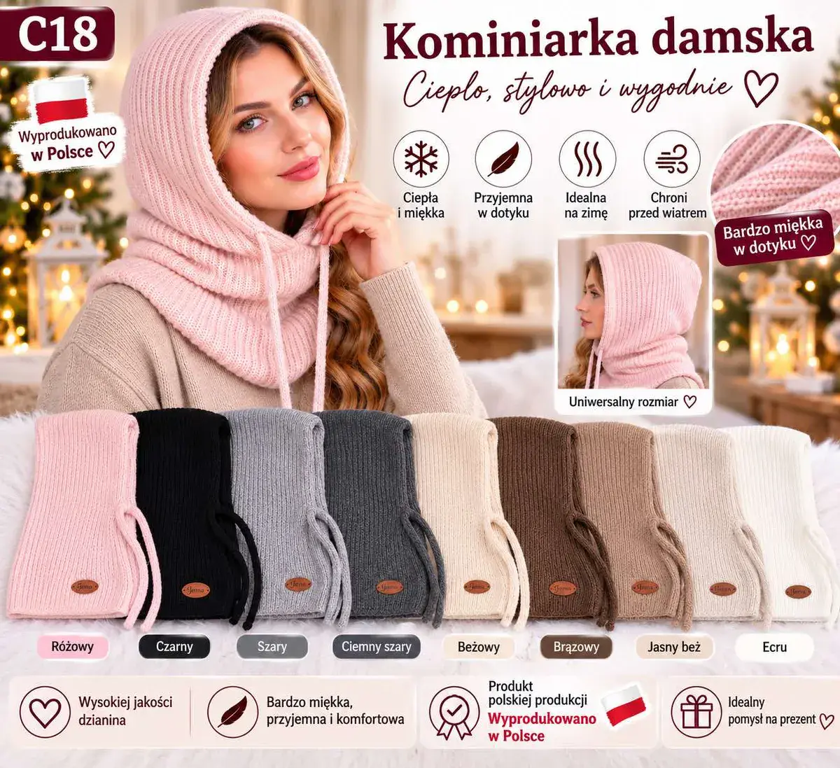 Kominiarka damska różowa miękka dzianina uniwersalny rozmiar