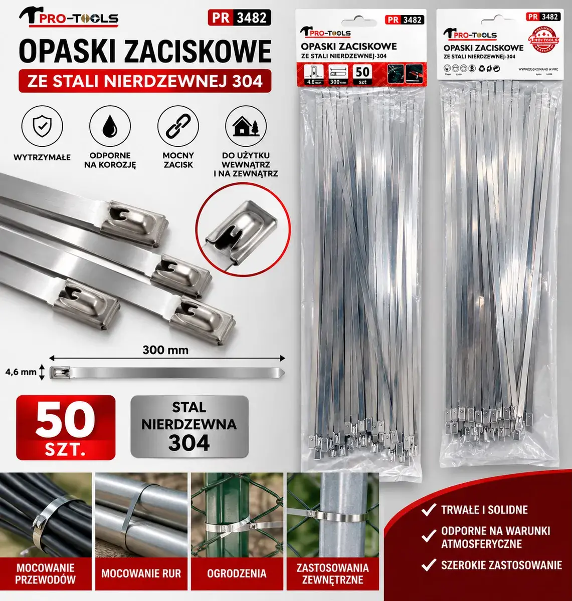 Opaski zaciskowe stal nierdzewna 304 300x4,6 mm 50 szt