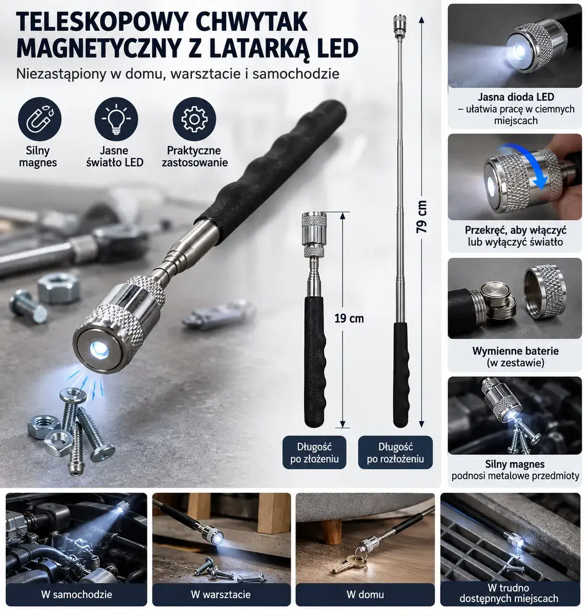 Teleskopowy chwytak magnetyczny z latarką LED 19–79 cm czarny