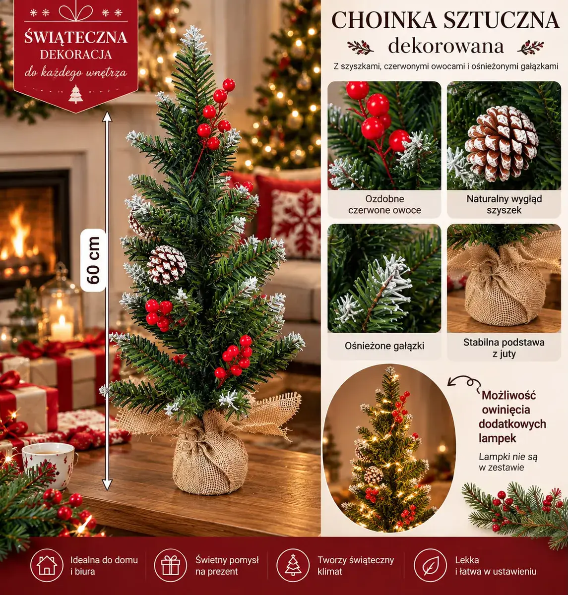 Choinka sztuczna dekorowana 60 cm z czerwonymi owocami i jutową podstawą