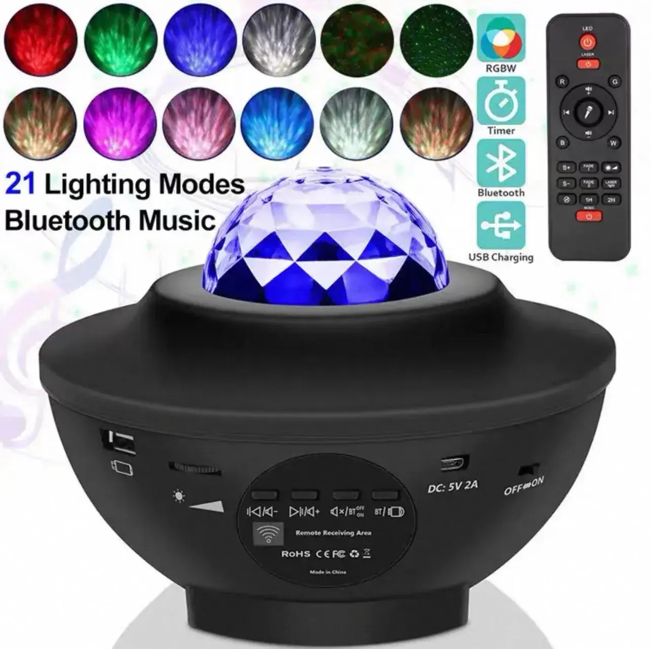 Lampka LED Projektor Gwiazd RGB z pilotem i Bluetooth