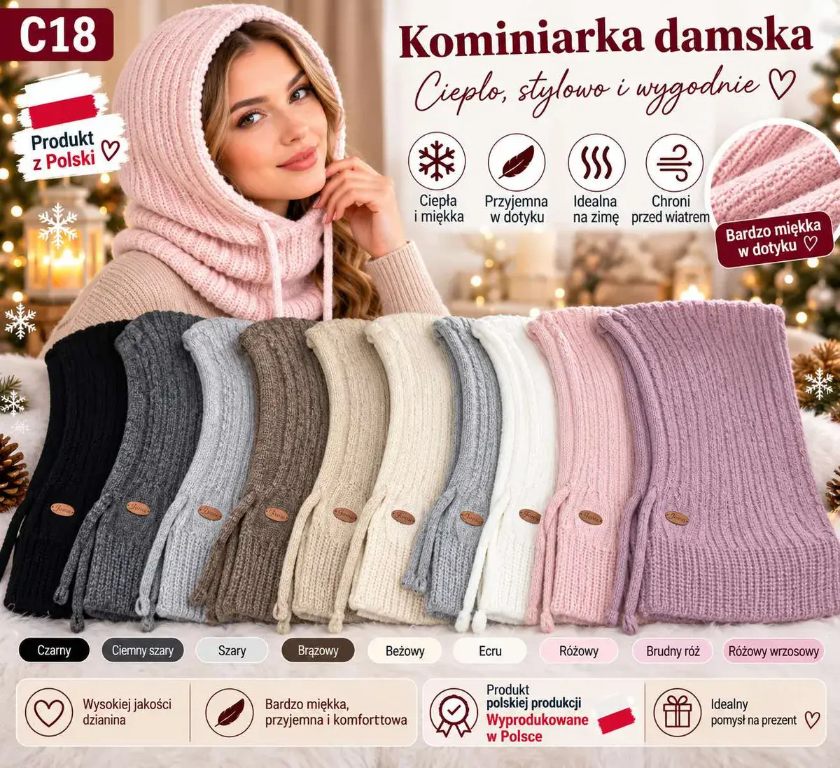 Kominiarka damska ciepła miękka dzianina różowy wrzosowy