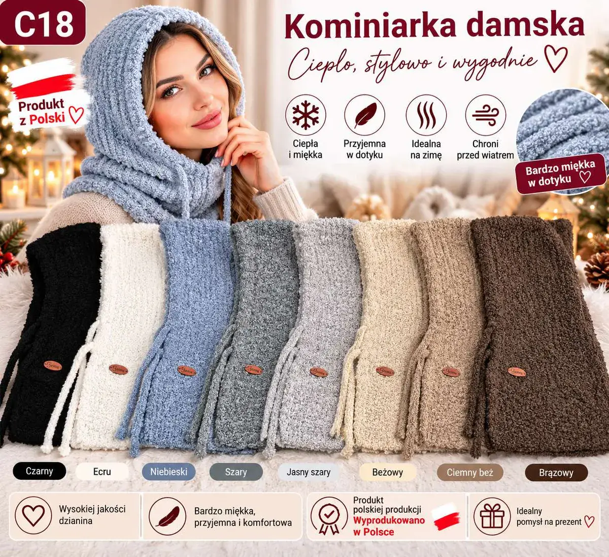 Kominiarka damska miękka dzianina w 8 kolorach ciepła i wygoda