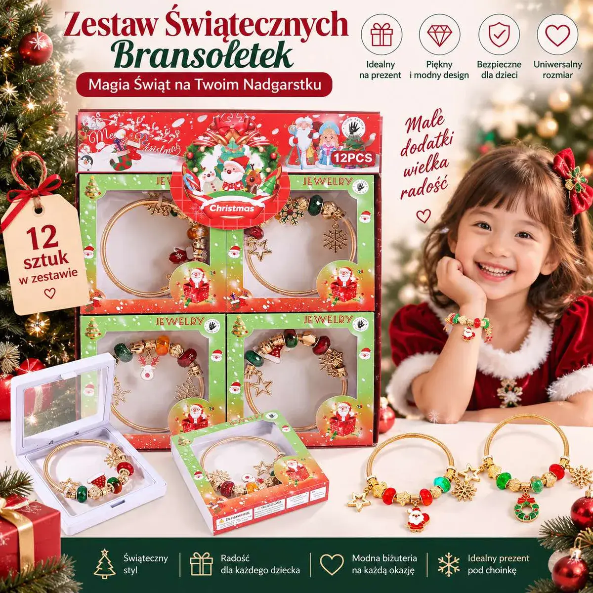 Świąteczny zestaw bransoletek dziecięcych z motywami Bożonarodzeniowymi