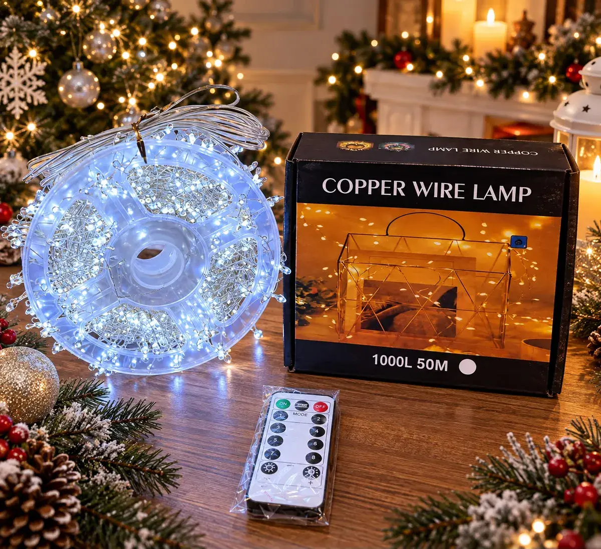 Lampki choinkowe LED drucik 1000 LED 50 m biały zimny z pilotem