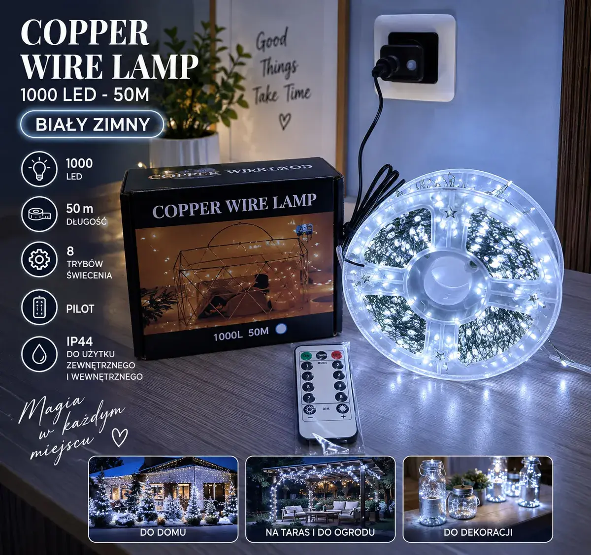 Lampki choinkowe LED białe zimne 1000 LED 50 m z pilotem IP44