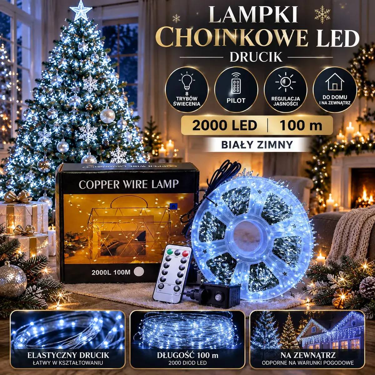 Lampki choinkowe LED drucik biały zimny 2000 LED 100 m z pilotem