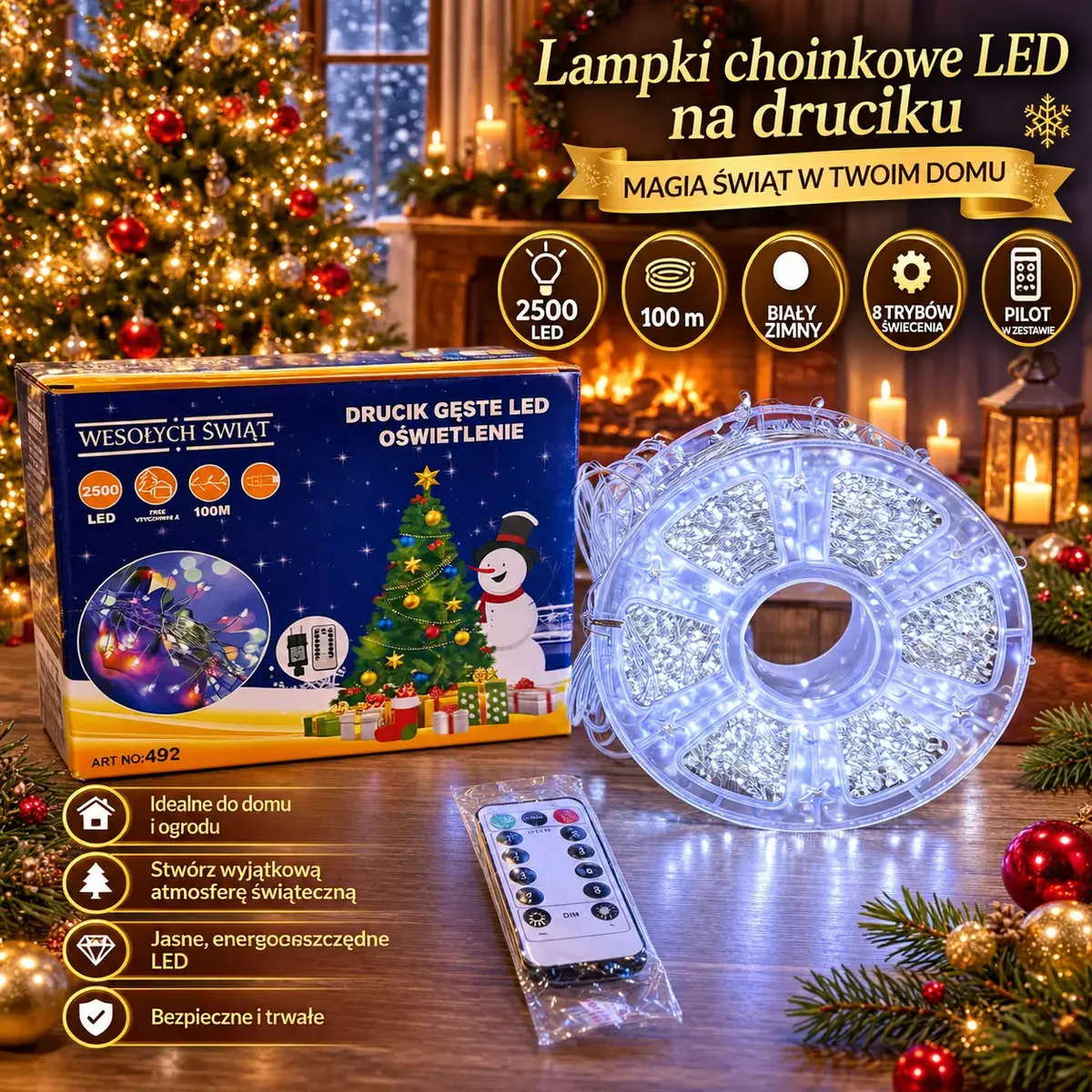 Lampki choinkowe LED na druciku 2500 LED 100 m biały zimny z pilotem