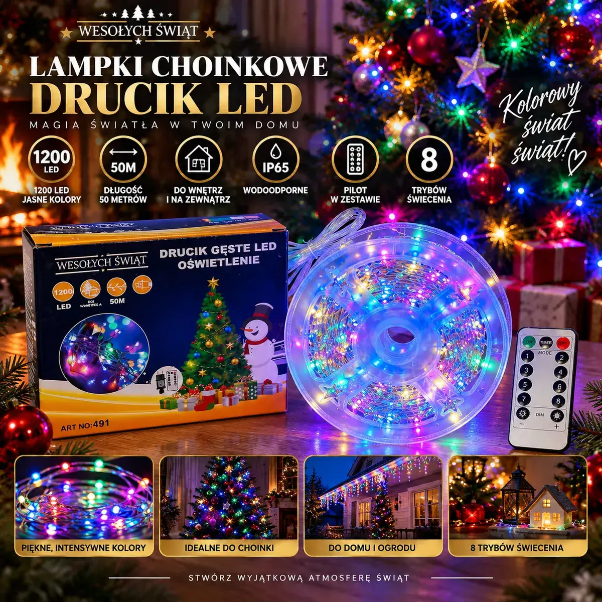 Lampki choinkowe LED drucik 1200 LED 50 m wielokolorowe z pilotem
