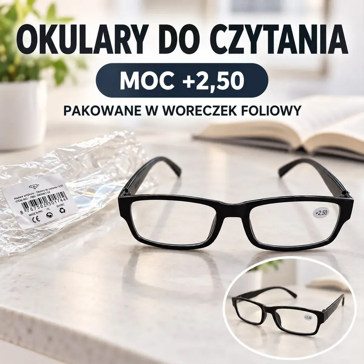 Czarne okulary do czytania +2,50 w woreczku foliowym