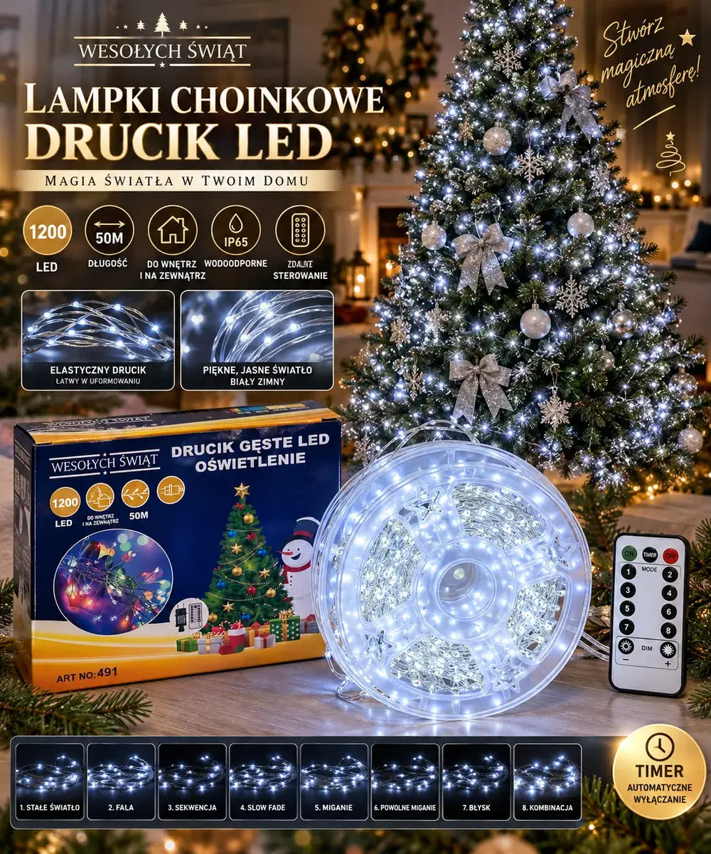 Lampki choinkowe LED drucik 1200 LED 50 m biały zimny z pilotem