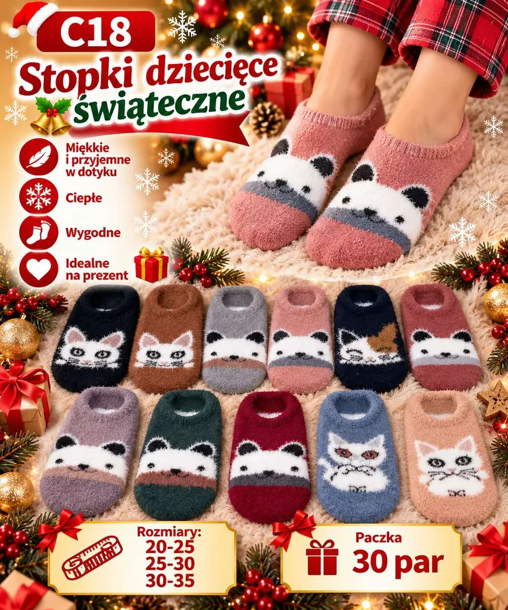 Stopki dziecięce świąteczne miękkie i ciepłe mix kolorów 30 par