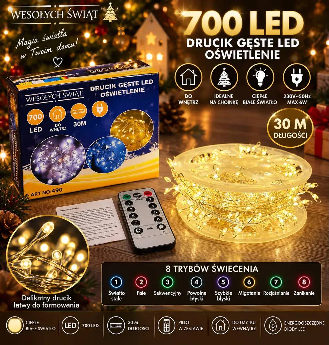 Lampki choinkowe 700 LED ciepłe białe 30 m z pilotem