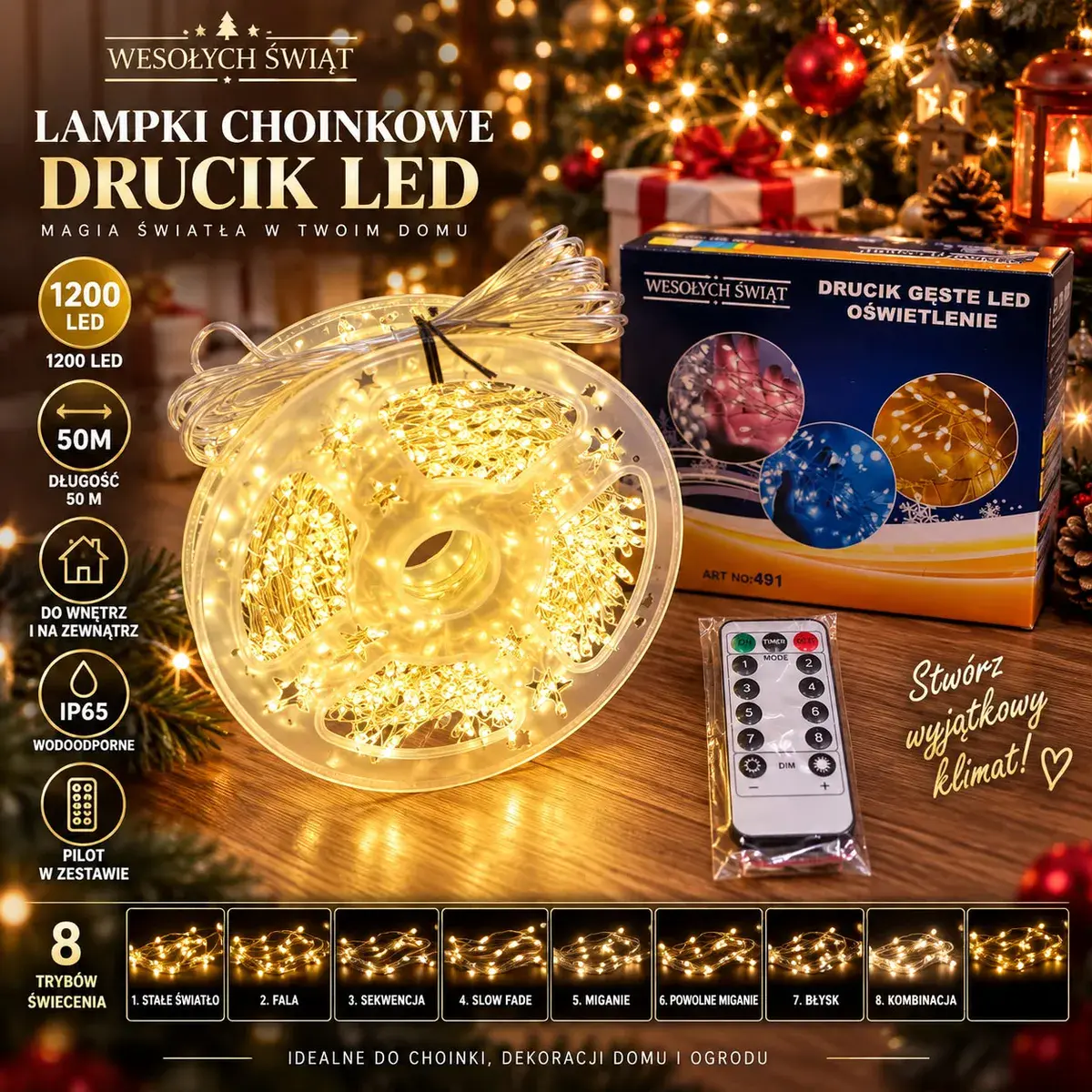 Lampki choinkowe drucik LED 1200 LED 50 m biały ciepły z pilotem