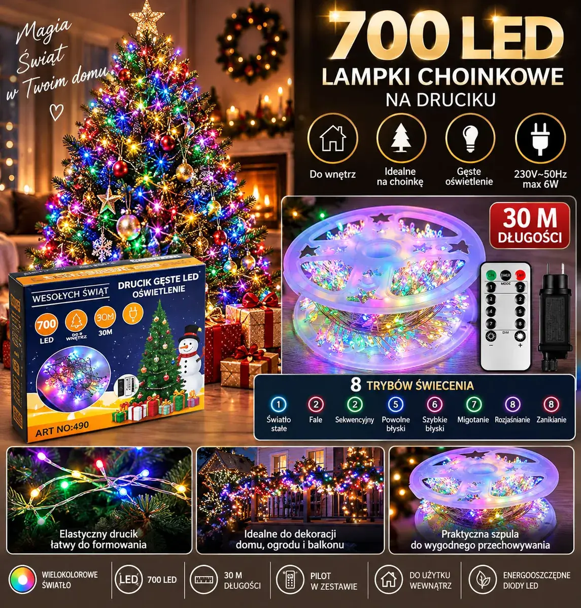 Lampki choinkowe 700 LED multikolor 30 m z pilotem na druciku